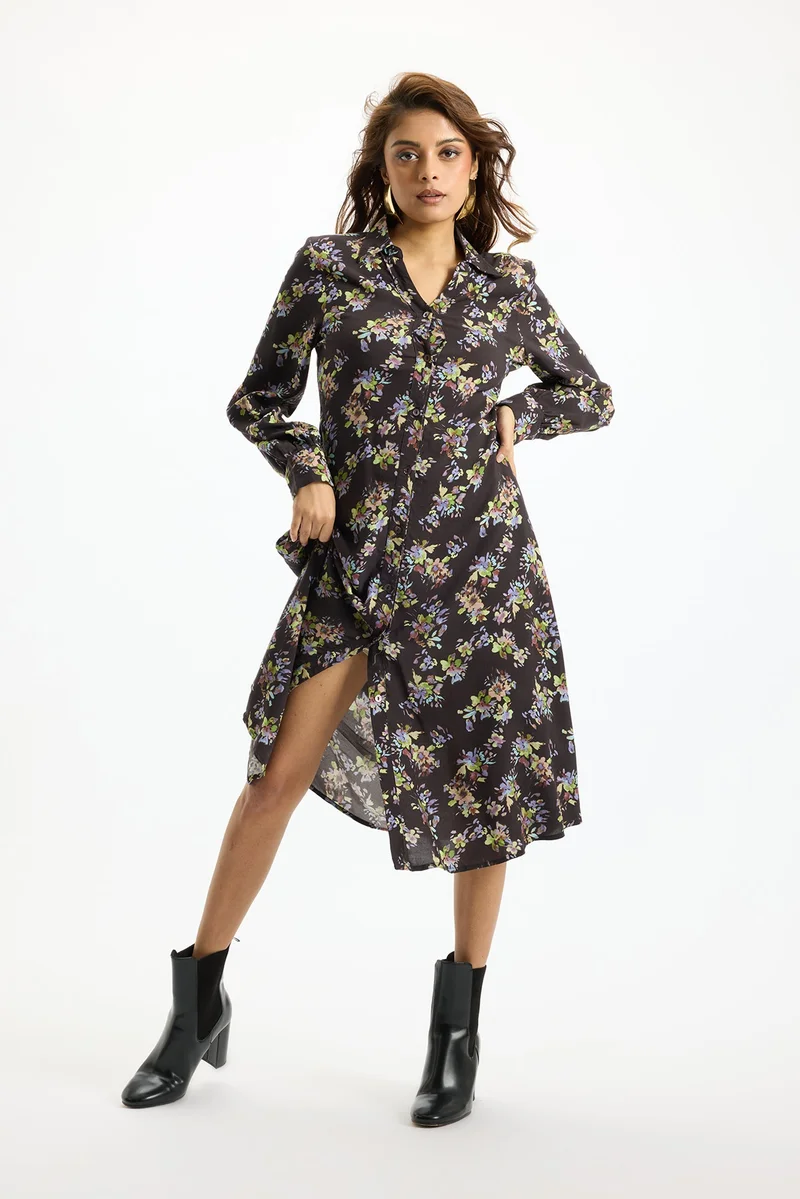 فيرجيو Viscose Floral Brunchwear Print Shirts Midi Dresses for Women