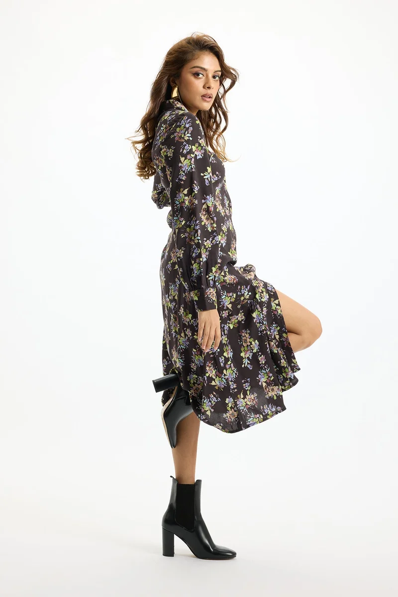 فيرجيو Viscose Floral Brunchwear Print Shirts Midi Dresses for Women