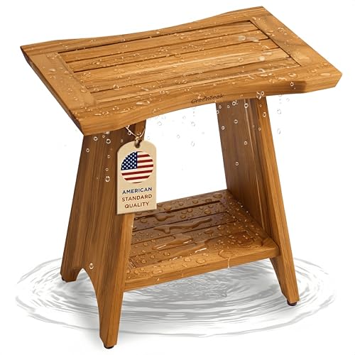 GREENTEAK Premium 18" Teak Wood Shower Bench, Waterproof Teak Shower Stool, Non-Slip Feet for Enhanced Safety, Spa Bath Seat for Bathroom, Indoor & Outdoor Use, 300 lb (Upgrade 18" 2-Tier, Straight) - Image 1
