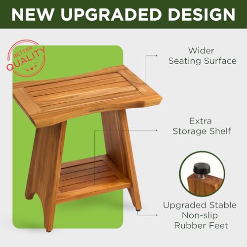 GREENTEAK Premium 18" Teak Wood Shower Bench, Waterproof Teak Shower Stool, Non-Slip Feet for Enhanced Safety, Spa Bath Seat for Bathroom, Indoor & Outdoor Use, 300 lb (Upgrade 18" 2-Tier, Straight) - Image 3