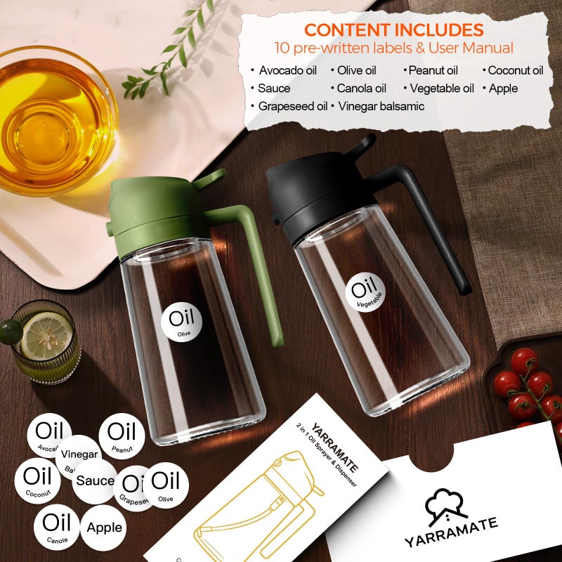 ‎YARRAMATE YARRAMATE 16oz/470ml Glass Olive Oil Sprayer for Cooking with Stickers, 2 in 1 Oil Dispenser for Kitchen Gadgets, Food Grade Premium Spray Bottle with Portion Control for Salad, BBQ (OliveGreen) - Image 2