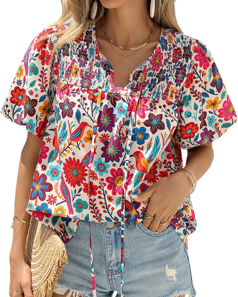 KIRUNDO Boho Tops for Women Summer 2026 Dressy Floral Blouse V Neck Drawstring Short Sleeve Shirts Beach Vacation Clothes(White Multicolored, Small) - Image 1