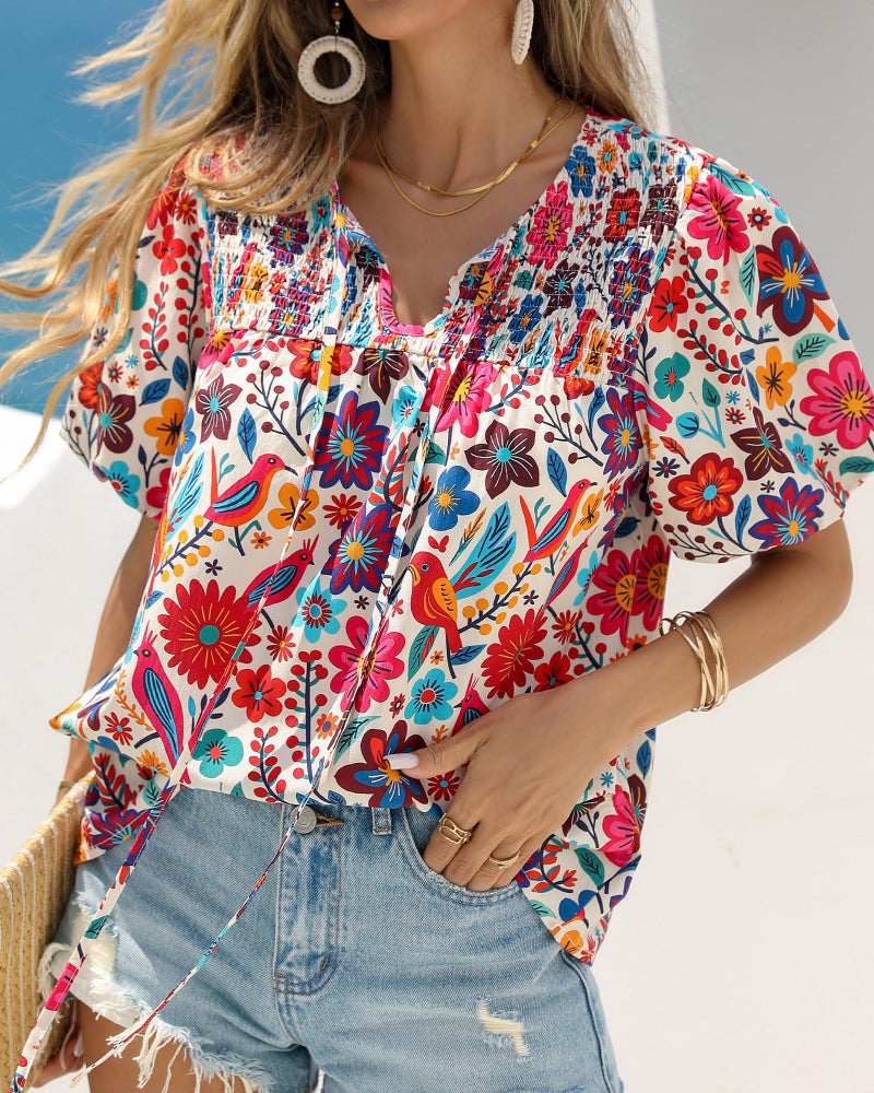KIRUNDO Boho Tops for Women Summer 2026 Dressy Floral Blouse V Neck Drawstring Short Sleeve Shirts Beach Vacation Clothes(White Multicolored, Small) - Image 2