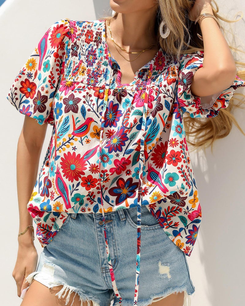KIRUNDO Boho Tops for Women Summer 2026 Dressy Floral Blouse V Neck Drawstring Short Sleeve Shirts Beach Vacation Clothes(White Multicolored, Small) - Image 4