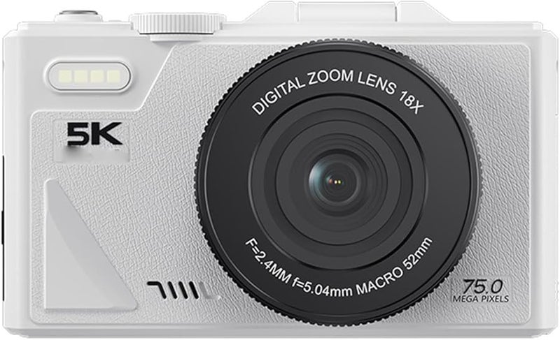 Fockety 5K Digital Camera Autofocus 75MP Vlog Camera With 18X Zoom 3 Inch Flip Screen Anti Shake White - Image 1