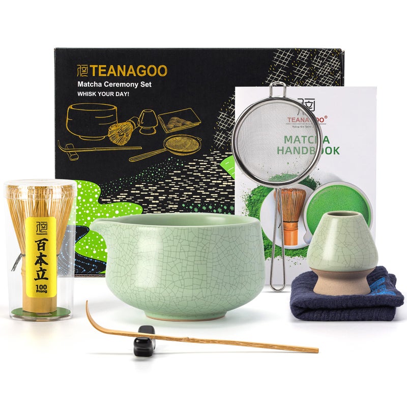 TEANAGOO Matcha Whisk Set Green7 Pcs Matcha SetMatcha Starter Kit for CeremonyMatcha Tea Set for Making BreakfastLatteGreen Matcha BowlChawan whith Spout and WhiskGift for FriendFamily