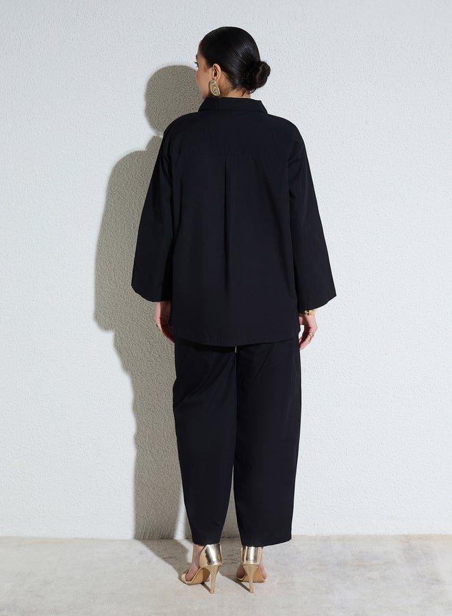 SASSAFRAS Black Poplin Oversized Shirt and Mom Fit Pants Co-Ords - Image 3