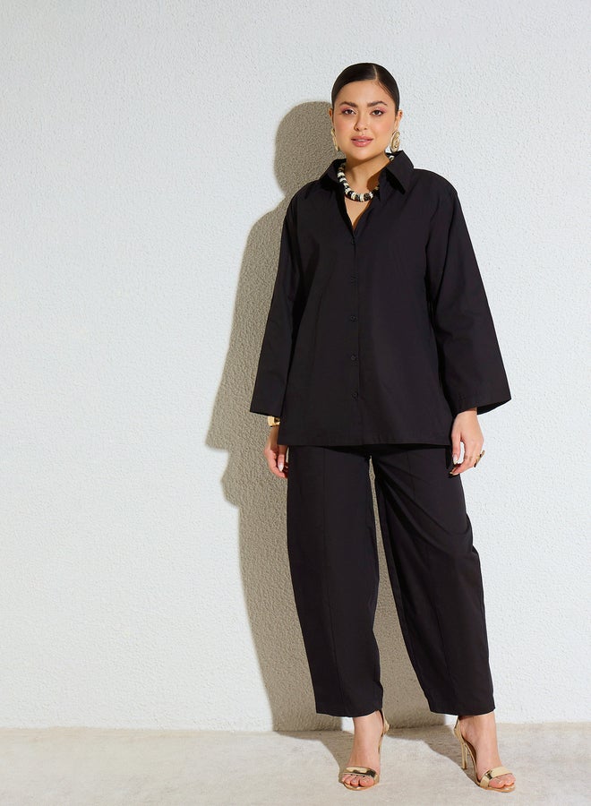 SASSAFRAS Black Poplin Oversized Shirt and Mom Fit Pants Co-Ords - Image 1