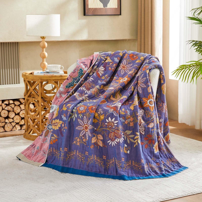 XIBLC Boho Blanket, 100% Cotton Farmhouse Decorative Throw Blanket, 60"x80" Reversible Bohemian Throw Blanket, Purple All Season Muslin Breathable Woven Blankets Quilt - Image 2