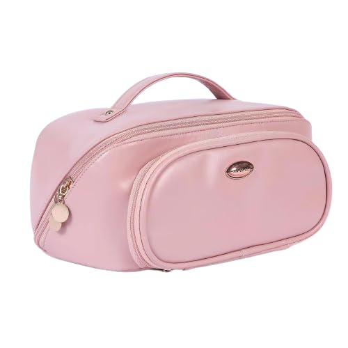 Salepush Large Capacity Cosmetic Bag Portable Leather Womens Makeup Bag Multifunctional Storage Bag for Travel Light Pink - Image 1