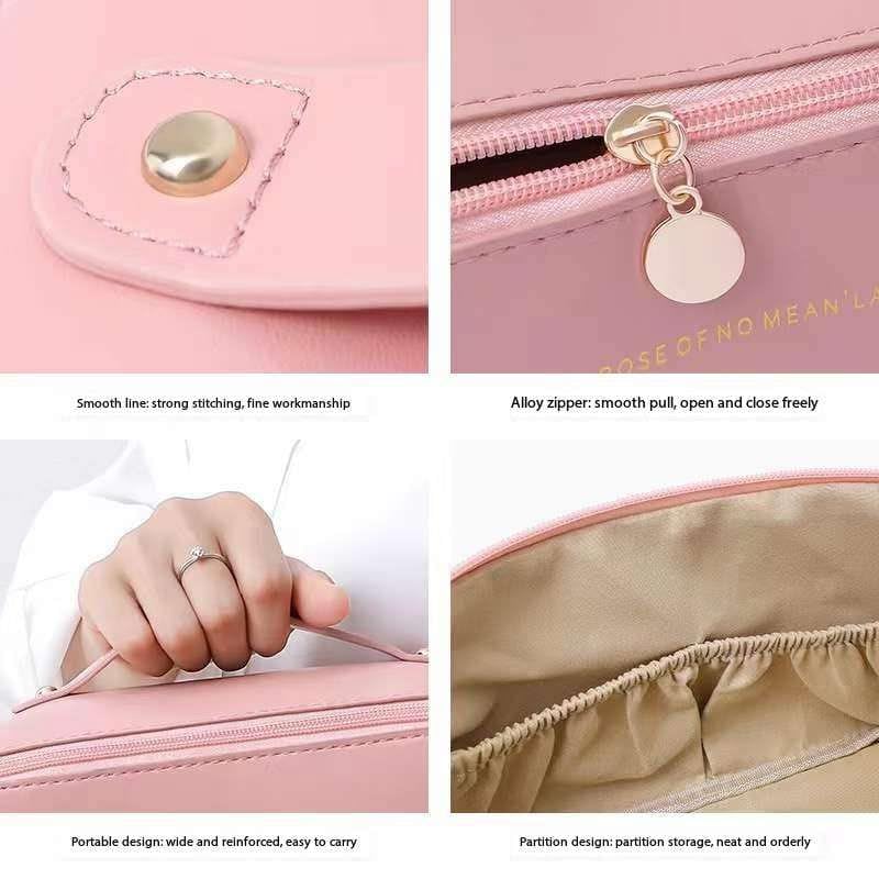Salepush Large Capacity Cosmetic Bag Portable Leather Womens Makeup Bag Multifunctional Storage Bag for Travel Light Pink - Image 3