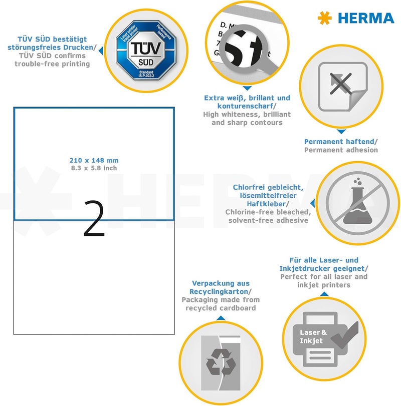 Herma 5064 Self Adhesive Shipping Labels, 2 Labels per A4 Sheet, 25 Sheets, 210 x 148 mm, 50 Labels, Blank Parcel Labels Stickers, Sticky Labels for Laser & Inkjet Printer, White - Image 5