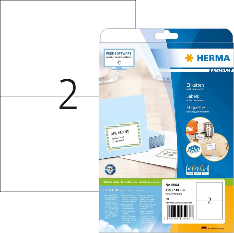 Herma 5064 Self Adhesive Shipping Labels, 2 Labels per A4 Sheet, 25 Sheets, 210 x 148 mm, 50 Labels, Blank Parcel Labels Stickers, Sticky Labels for Laser & Inkjet Printer, White - Image 1
