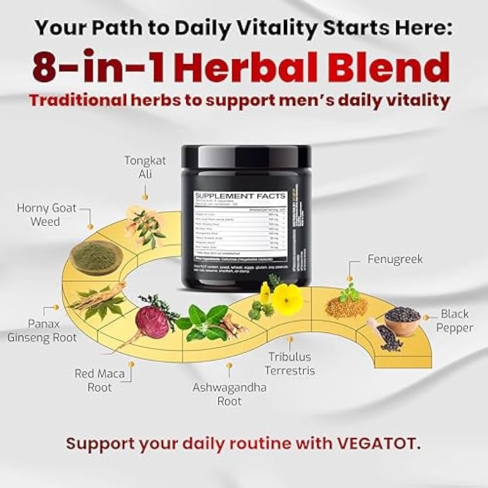 VEGATOT 𝟴 𝗜𝗡 𝟭 Testo Support - Boost Performance with Tongkat Ali, Panax Ginseng, Maca Root, Ashwagandha, Tribulus - Energy, Stamina, Circulation Support - Image 3