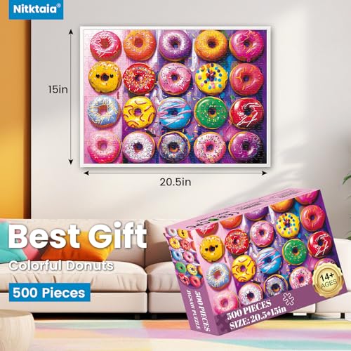 Nitktaia 500 Pieces Puzzles for AdultsColorful Donuts Puzzle for Adults ElderlyRecycled Paper Jigsaw Puzzle 500 PiecesGlossy Sturdy Pieces Challenging Family Game Great Gift Idea 205x15in - Image 5