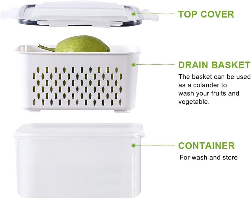 EKYLIP 4 Fridge Storage Boxes Fridge Organizer with Removable Drain Basket and Lid Stackable Fridge Storage Containers Plastic Freezer Storage Containers for Fish Meat Vegetables FruitsWhite - Image 2