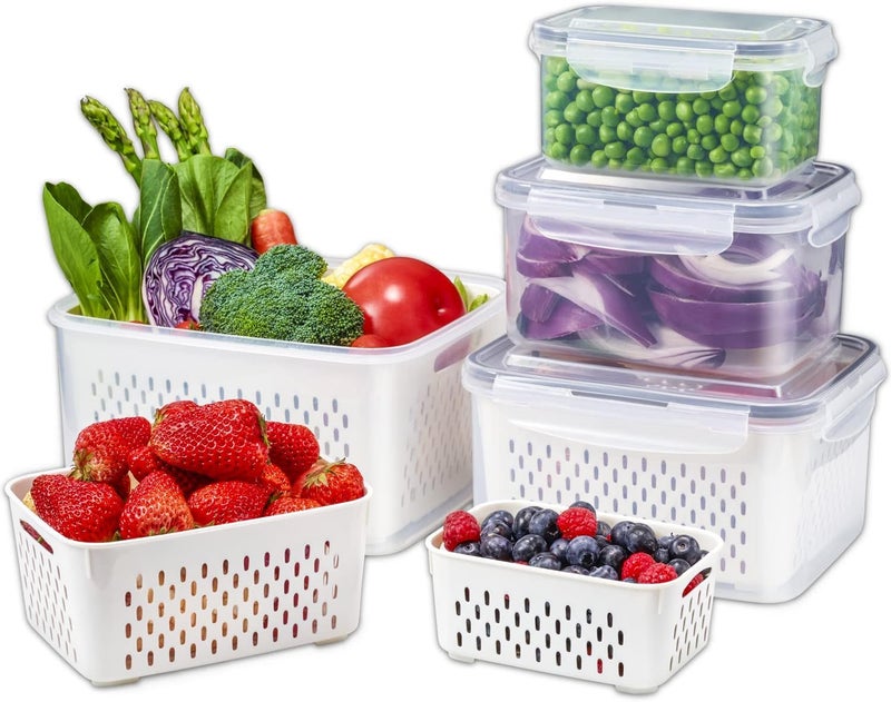 EKYLIP 4 Fridge Storage Boxes Fridge Organizer with Removable Drain Basket and Lid Stackable Fridge Storage Containers Plastic Freezer Storage Containers for Fish Meat Vegetables FruitsWhite - Image 1