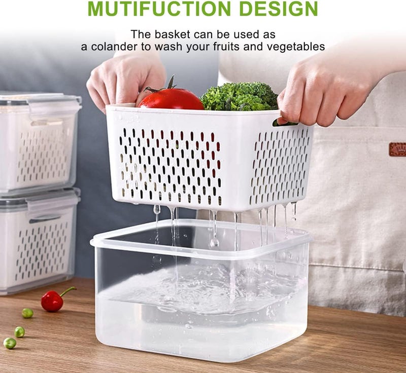 EKYLIP 4 Fridge Storage Boxes Fridge Organizer with Removable Drain Basket and Lid Stackable Fridge Storage Containers Plastic Freezer Storage Containers for Fish Meat Vegetables FruitsWhite - Image 4