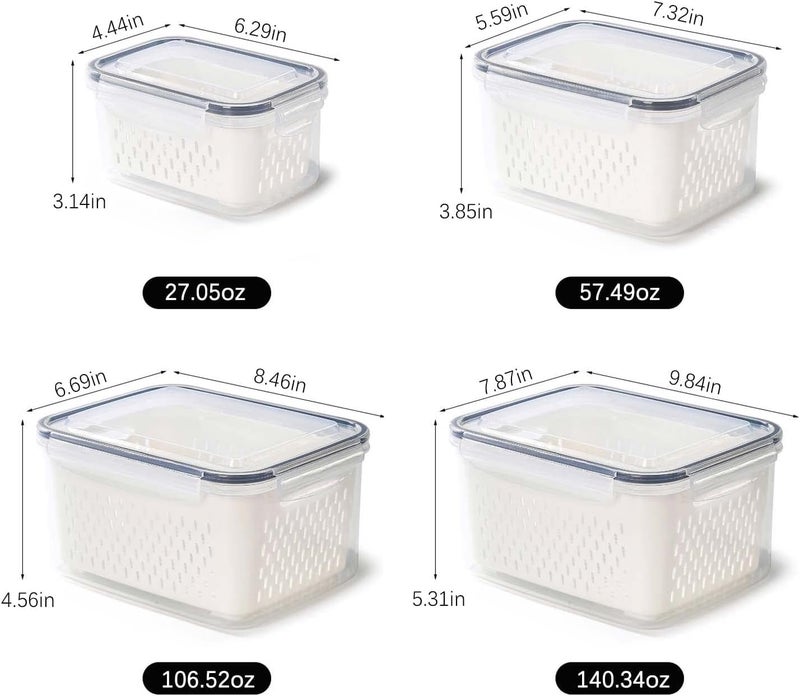 EKYLIP 4 Fridge Storage Boxes Fridge Organizer with Removable Drain Basket and Lid Stackable Fridge Storage Containers Plastic Freezer Storage Containers for Fish Meat Vegetables FruitsWhite - Image 3