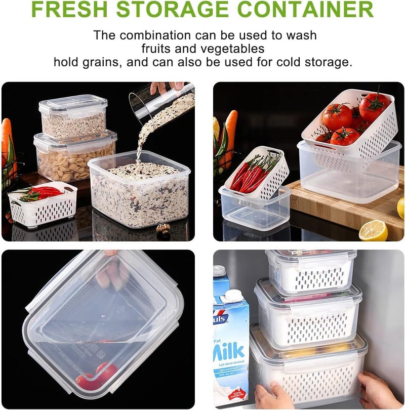EKYLIP 4 Fridge Storage Boxes Fridge Organizer with Removable Drain Basket and Lid Stackable Fridge Storage Containers Plastic Freezer Storage Containers for Fish Meat Vegetables FruitsWhite - Image 5