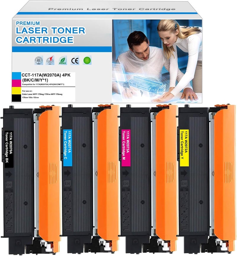 خراطيش حبر 117A مع استبدال الشريحة لطابعات HP 117A 117 W2070A W2071A W2072A W2073A ملونة ليزر متعددة الوظائف 179fwg 178nwg 179fnw 178nw 150a 150nw 179 178 150 (أسود، سماوي، أصفر، أرجواني) - Image 1