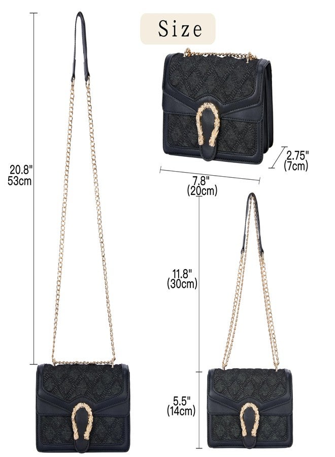 DEEPMEOW Womens Quilted Crossbody Shoulder Purse - Fashion Denim Handbag with Chain Strap Casual Mini Square Messenger Bag（Black） - Image 2