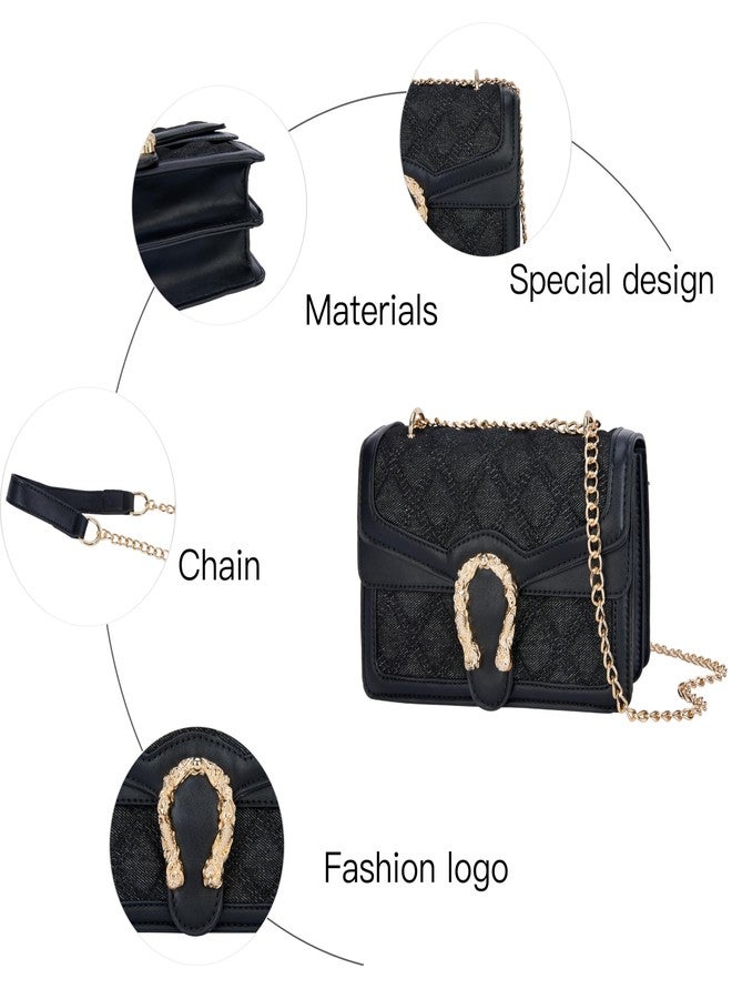 DEEPMEOW Womens Quilted Crossbody Shoulder Purse - Fashion Denim Handbag with Chain Strap Casual Mini Square Messenger Bag（Black） - Image 4
