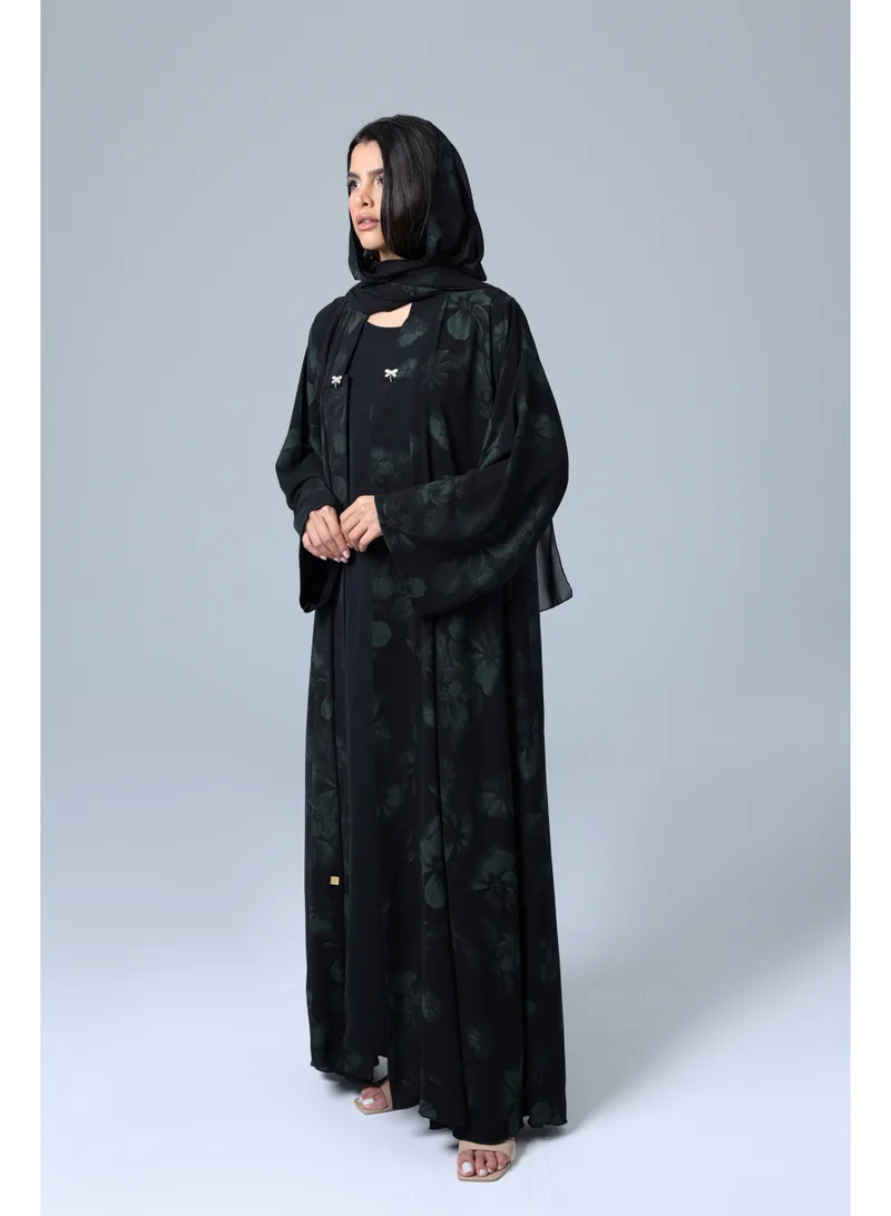 IKKXA Open Front Green Flower Prints Abaya