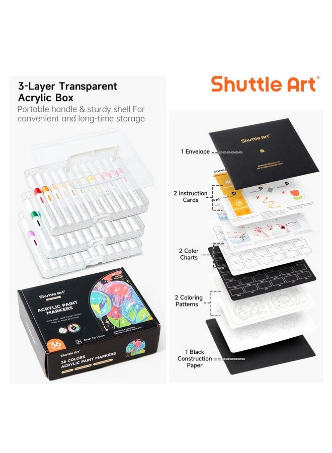 شاتل أرت أقلام تلوين أكريليك للتحكم التلقائي بالحبر من Shuttle Art، 36 لونًا برأس فرشاة للرسم على الصخور والسيراميك والخشب والقماش والزجاج والحجر والنسيج وصناعة البطاقات وأدوات الرسم اليدوية والفنية - Image 3