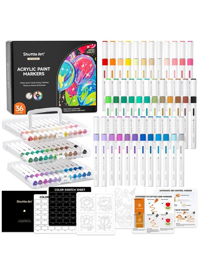شاتل أرت أقلام تلوين أكريليك للتحكم التلقائي بالحبر من Shuttle Art، 36 لونًا برأس فرشاة للرسم على الصخور والسيراميك والخشب والقماش والزجاج والحجر والنسيج وصناعة البطاقات وأدوات الرسم اليدوية والفنية - Image 1