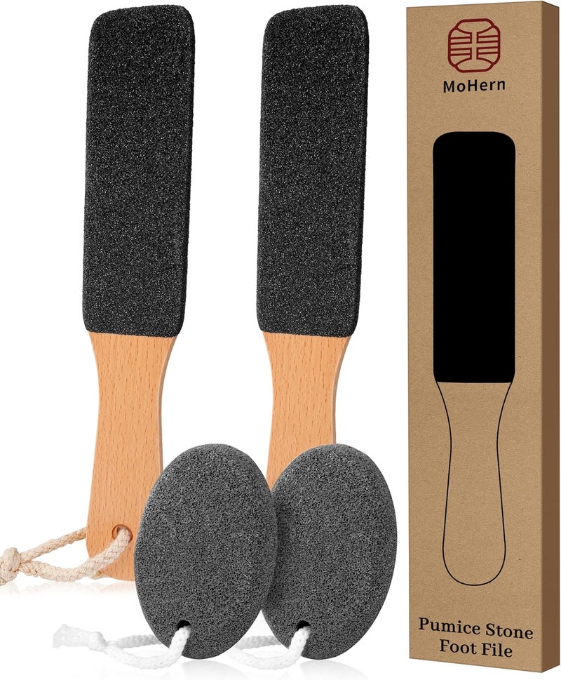 Pumice Stone Foot File 4pcs Set Callus Remover for Feet with Wooden Handle Pedicure Foot Scrubber to Remove Dead Skin Dry Rough Corns Skin Scraper