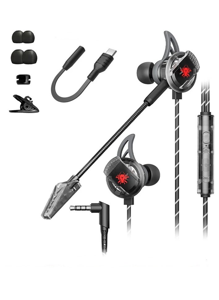 Plextone Plextone RX3 MERCURY Wired Gaming Earphones with 3.5mm AUX Jack and Type-C Connector for Android Phones, iPhone 15 of all models, and iPhone 16 of all models, with a long noise-isolating microphone, a durable, transparent design, soft, light, and comfortable for the ear, black color  - Image 1