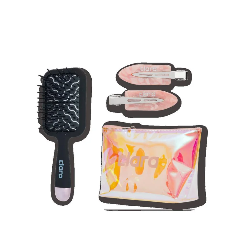 CLARA The Everyday Essentials Pink Bundle – CLARA Pink Travel Beauty Bag, Black Wide Paddle Hair Brush & Pink Hair Clips Set