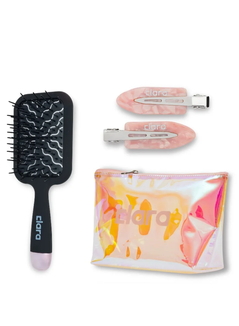 كلارا The Everyday Essentials Pink Bundle – CLARA Pink Travel Beauty Bag, Black Wide Paddle Hair Brush & Pink Hair Clips Set