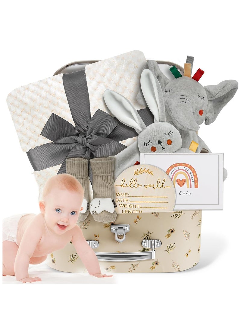 NNEWVANTE Baby Gift Basket, Newborn Baby Boy Gift Basket, Multiple Pieces Newborn Essentials for New Baby Gifts Basket Set with Baby Blanket, Baby Bunny Rattle, Keepsake Milestone, Elephant Toy, Baby Socks  - Image 1