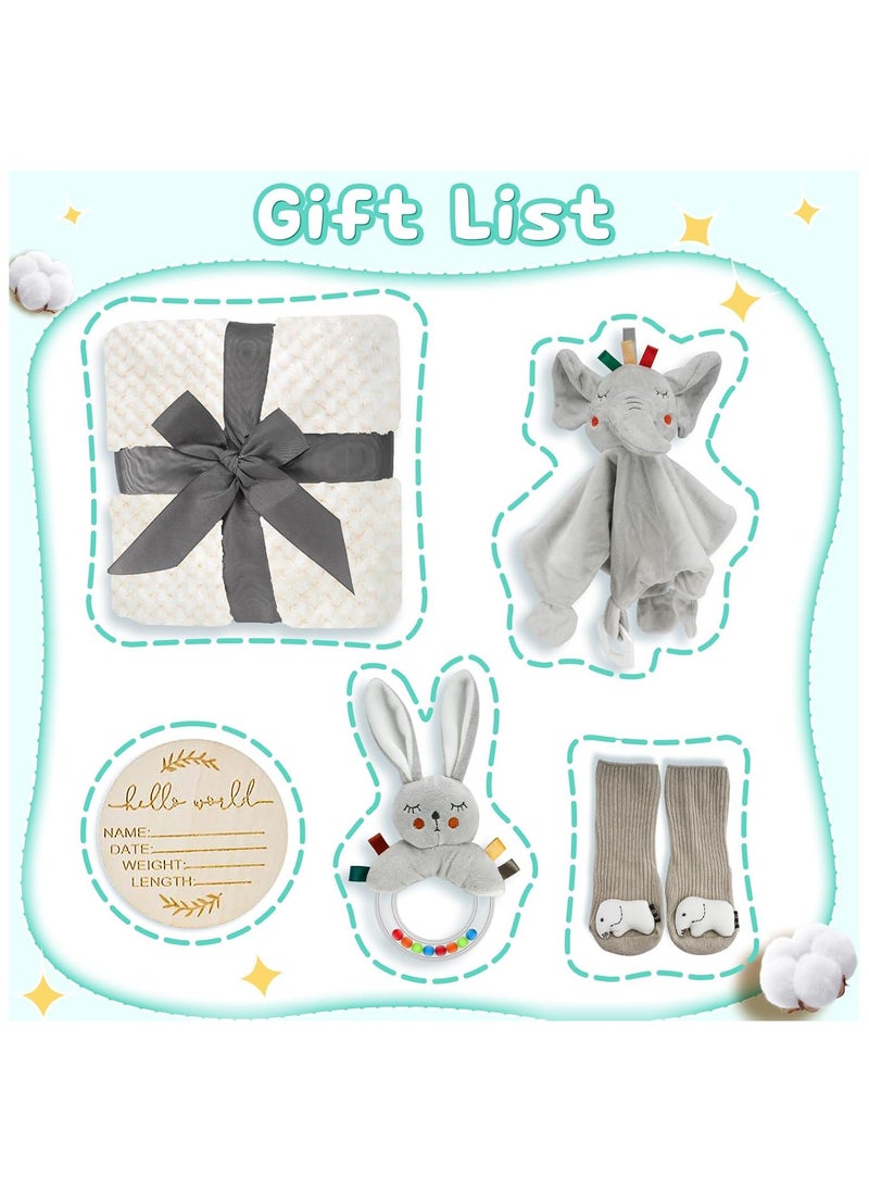NNEWVANTE - Baby Gift Basket, Newborn Baby Boy Gift Basket, Multiple Pieces Newborn Essentials for New Baby Gifts Basket Set with Baby Blanket, Baby Bunny Rattle, Keepsake Milestone, Elephant Toy, Baby Socks - Image 1