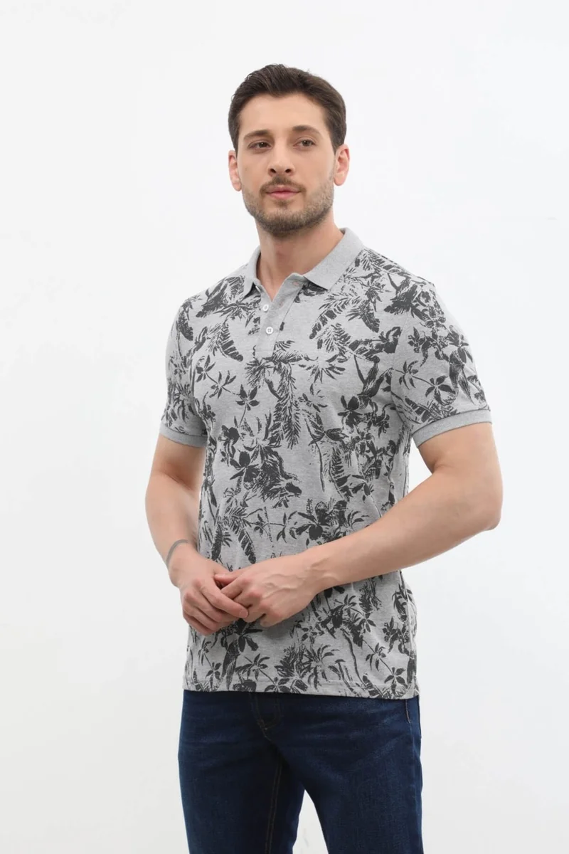ماركابيا مان Men's Polo Neck Forest Patterned 100% Cotton T-Shirt