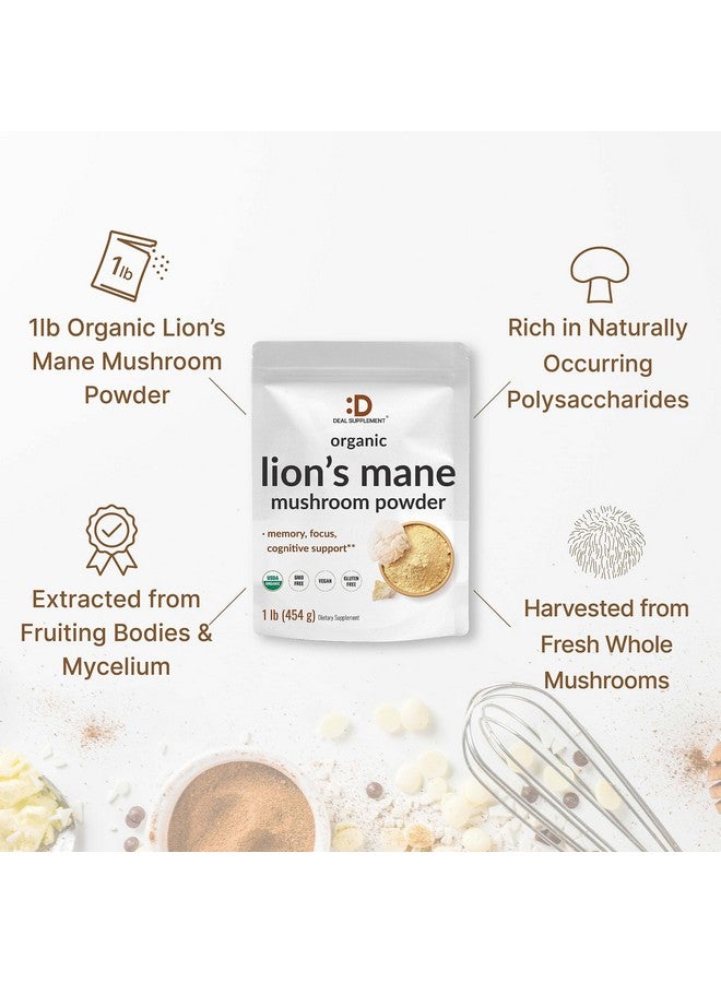 DEAL SUPPLEMENT Organic Lions Mane Mushroom Powder Supplement, 1,500mg Per Serving, 1lb - Active Fruiting Body & Mycelium Extract - Natural Brain Nootropic & Immune System Booster - Non-GMO - Image 4