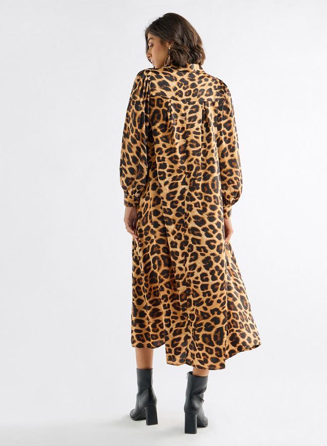 Splash FAV All-Over Animal Print Shirt Dress with Long Sleeves and Neck Tie-Up - Image 3