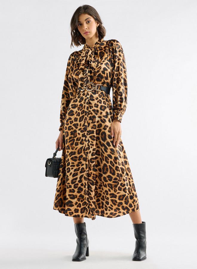 Splash FAV All-Over Animal Print Shirt Dress with Long Sleeves and Neck Tie-Up - Image 2