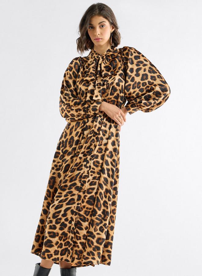 Splash FAV All-Over Animal Print Shirt Dress with Long Sleeves and Neck Tie-Up - Image 1