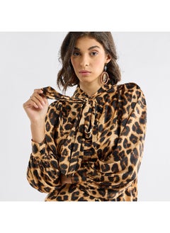 All-Over Animal Print Shirt Dress with Long Sleeves and Neck Tie-Up