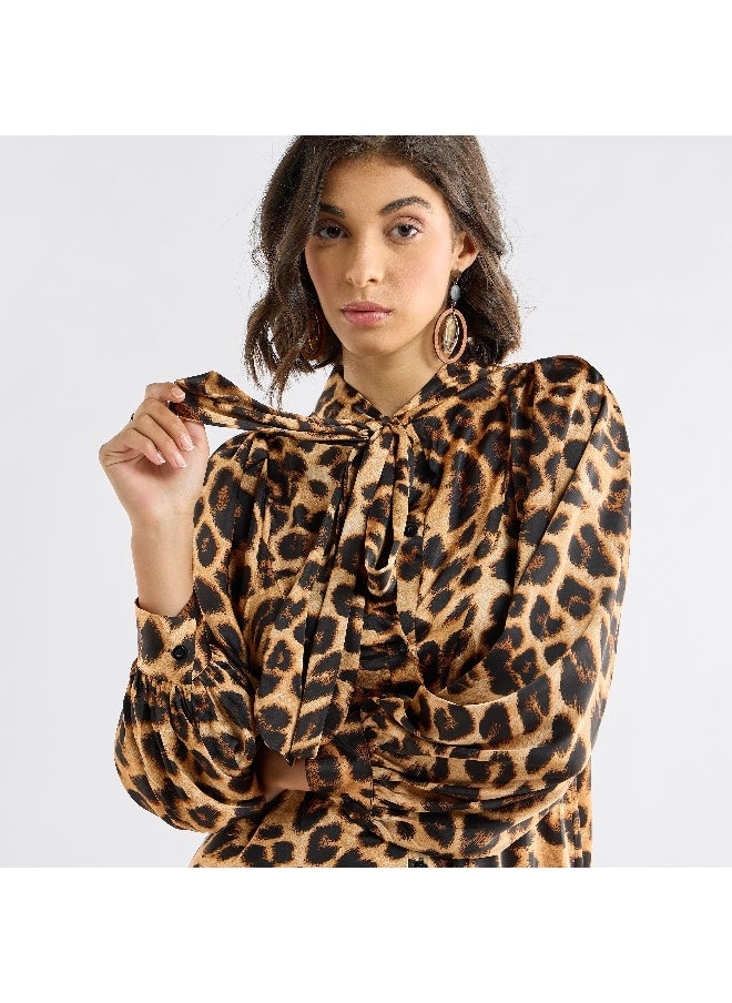FAV - All-Over Animal Print Shirt Dress with Long Sleeves and Neck Tie-Up - Image 1