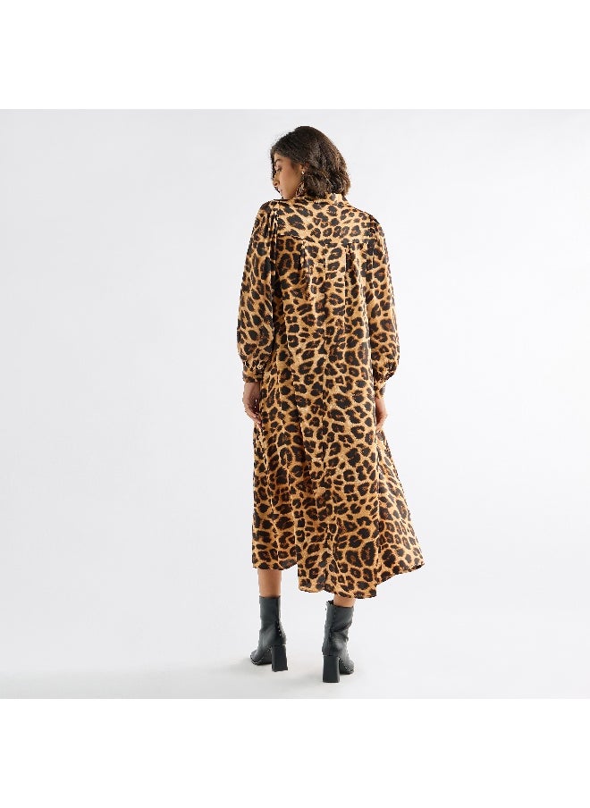 FAV - All-Over Animal Print Shirt Dress with Long Sleeves and Neck Tie-Up - Image 1