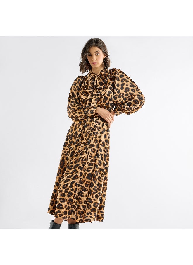 FAV - All-Over Animal Print Shirt Dress with Long Sleeves and Neck Tie-Up - Image 1
