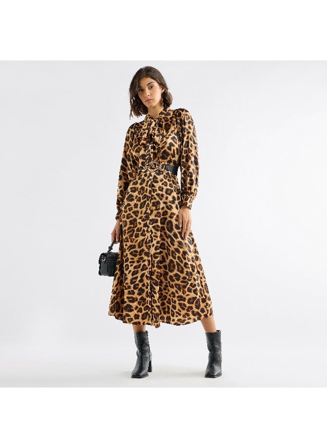 FAV - All-Over Animal Print Shirt Dress with Long Sleeves and Neck Tie-Up - Image 1