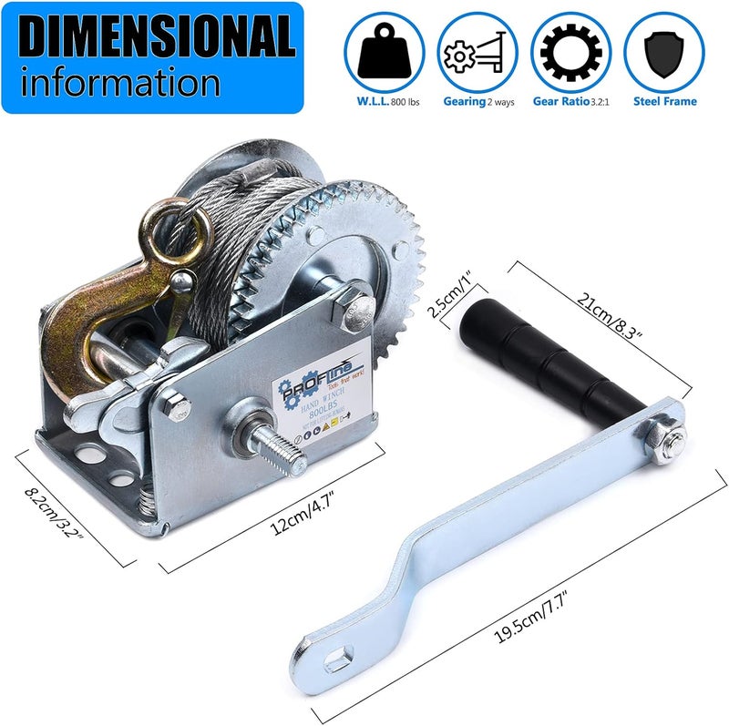 PROFLine 800lbs Hand Winch Steel Cable Boat Trailer Winch Two-Way Ratchet Gear Manual Winch Crane Weight Dock Leveling Winch with 8m Steel Wire for ATV Truck Towing - Image 2