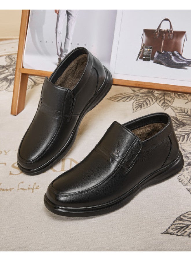 یاركون 【جلد أصلي + فرو ناعم】 أحذية جلدية رجالية للعمل غير الرسمي، أحذية منتصف العمر للأب، أحذية شتوية دافئة مبطنة بالفرو للرجال - Image 1