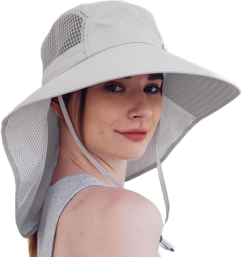 Moon Kitty Womens Sun Protection Hat Foldable Waterproof Fishing Hat Women Neck Flap Wide Brim Gardening Hat with Ponytail Hole for Women Light-Gray - Image 1