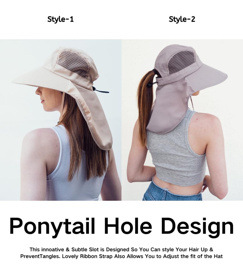 Moon Kitty Womens Sun Protection Hat Foldable Waterproof Fishing Hat Women Neck Flap Wide Brim Gardening Hat with Ponytail Hole for Women Light-Gray - Image 5